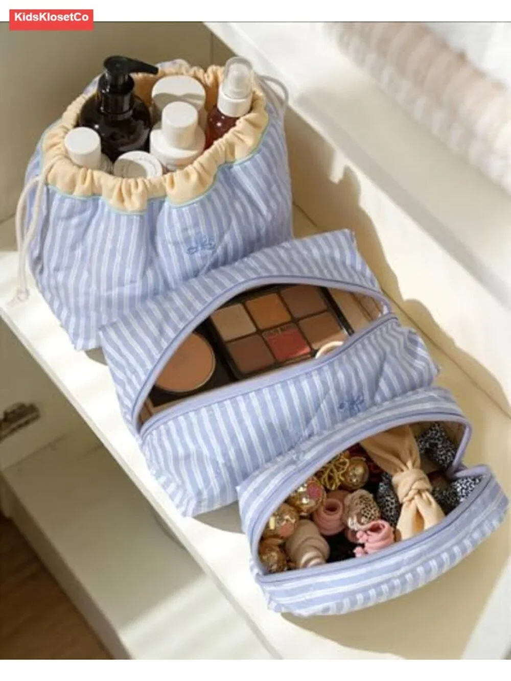 Quilted Cotton Makeup Bag Set 3-Piece Travel Toiletry Pouch Drawstring Gift